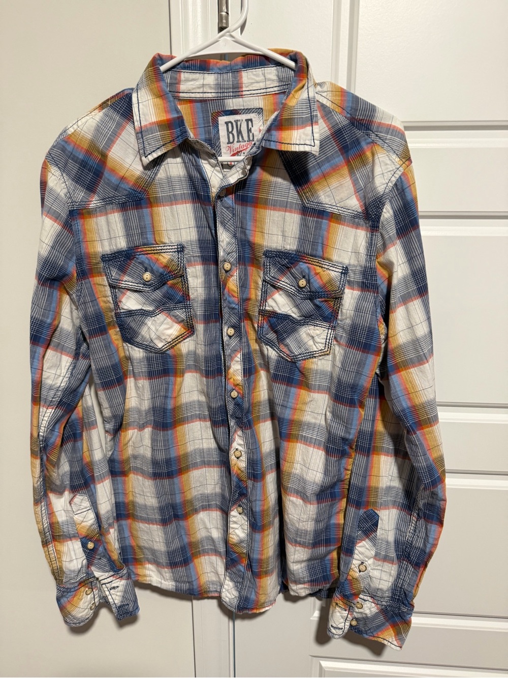 BKE Plaid Button-Up Shirt - Blue, White & Orange